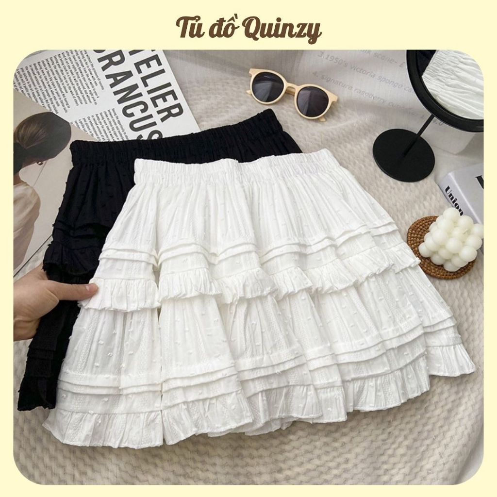TudoQuinzy Chân váy ren xếp tầng dáng ngắn, chân váy xòe 2 lớp viền ren midi kiểu Hàn Quốc