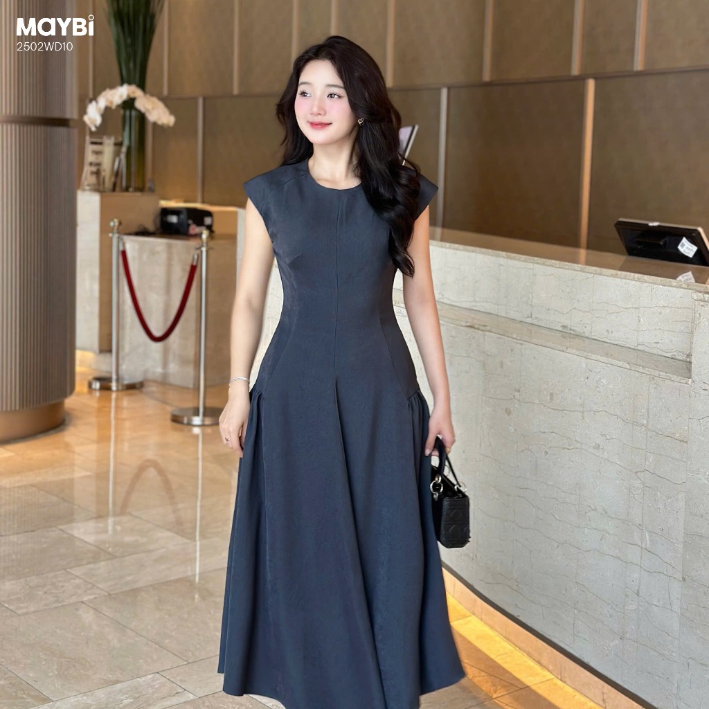 MAYBI Đầm xòe chéo nhung hàn tùng rã nhún dáng midi, trẻ trung,thanh lịch - Chính hãng