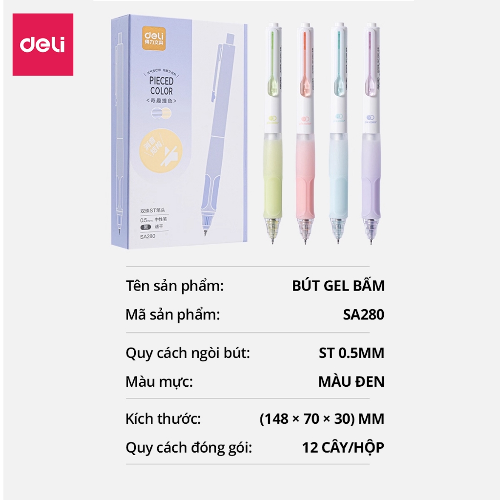 Bút Gel Ngòi ST 0.5mm Màu Pastel Deli Mực Đen Nhanh Khô Nét Viết Trơn Tru Dễ Thương Học Sinh Sinh Viên