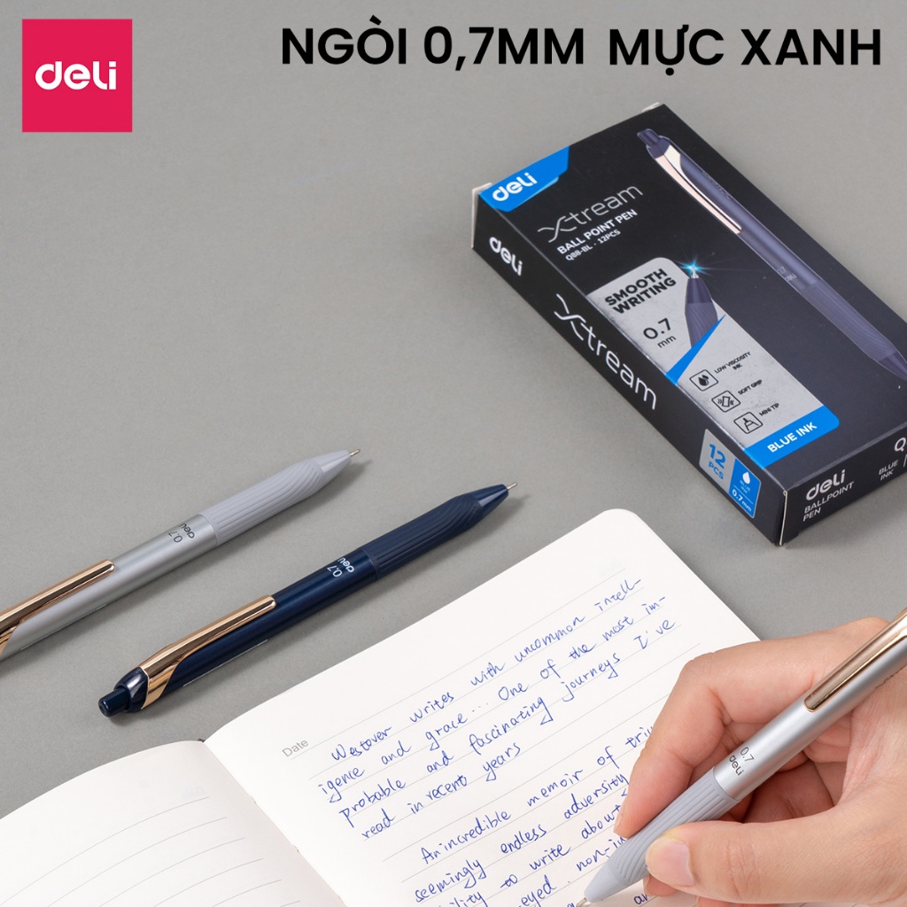 Combo 2 Bút Bi Dầu Cao Cấp Văn Phòng Dạng Bấm Deli Mực Xanh Thiết Kế Sang Trọng Nét Mượt Trơn Tru
