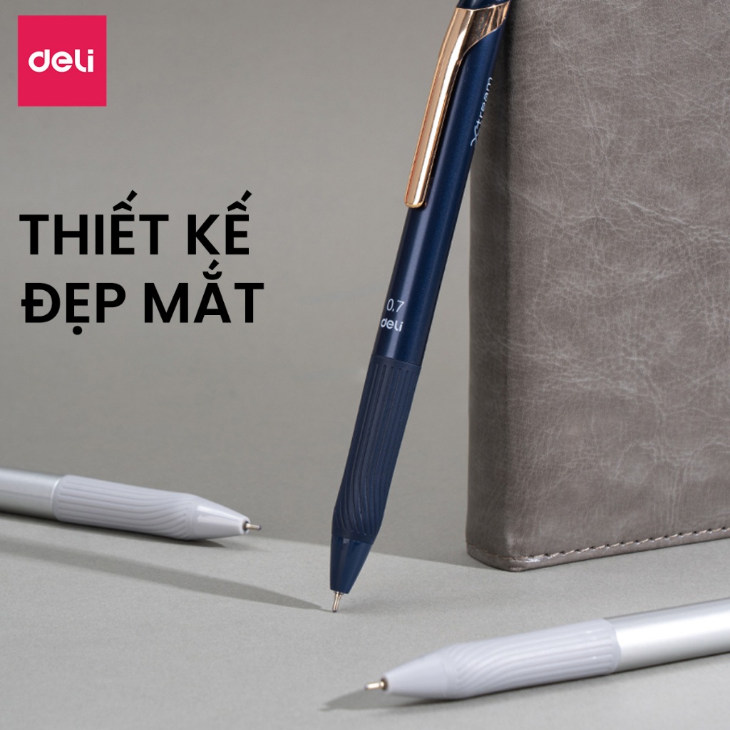 Combo 2 Bút Bi Dầu Cao Cấp Văn Phòng Dạng Bấm Deli Mực Xanh Thiết Kế Sang Trọng Nét Mượt Trơn Tru
