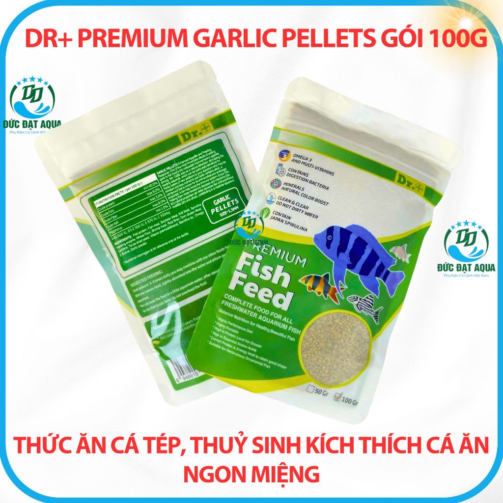 Thức ăn cá cảnh, thuỷ sinh, kích thích cá ăn ngon miệng gói 100g Dr+ Premium Garlic Pellets 9