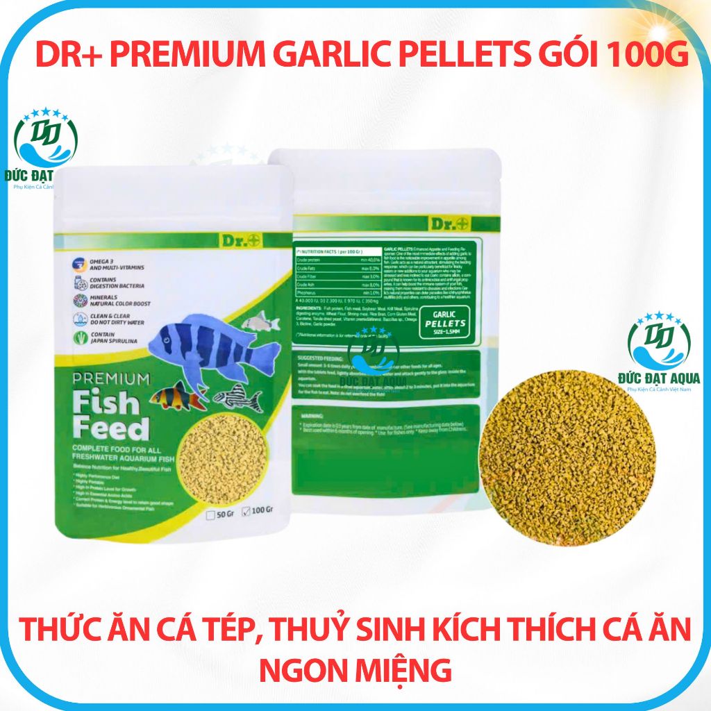 Thức ăn cá cảnh, thuỷ sinh, kích thích cá ăn ngon miệng gói 100g Dr+ Premium Garlic Pellets 2