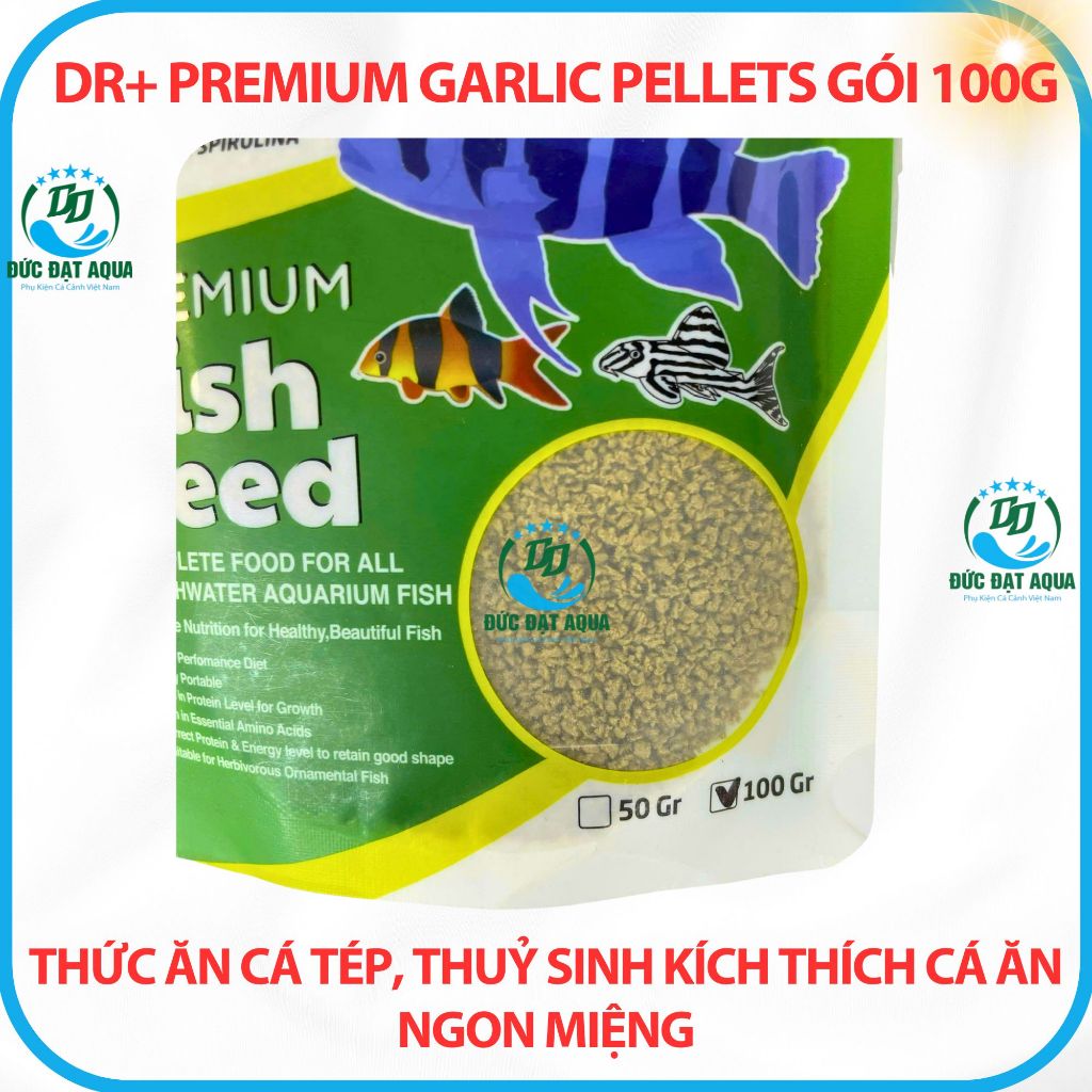 Thức ăn cá cảnh, thuỷ sinh, kích thích cá ăn ngon miệng gói 100g Dr+ Premium Garlic Pellets 6
