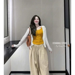 set đồ nữ 3 món đi chơi, dạo phố, set áo 2 dây kèm áo khoác ngoài + quần ống rộng chất đũi xốp mặc mát