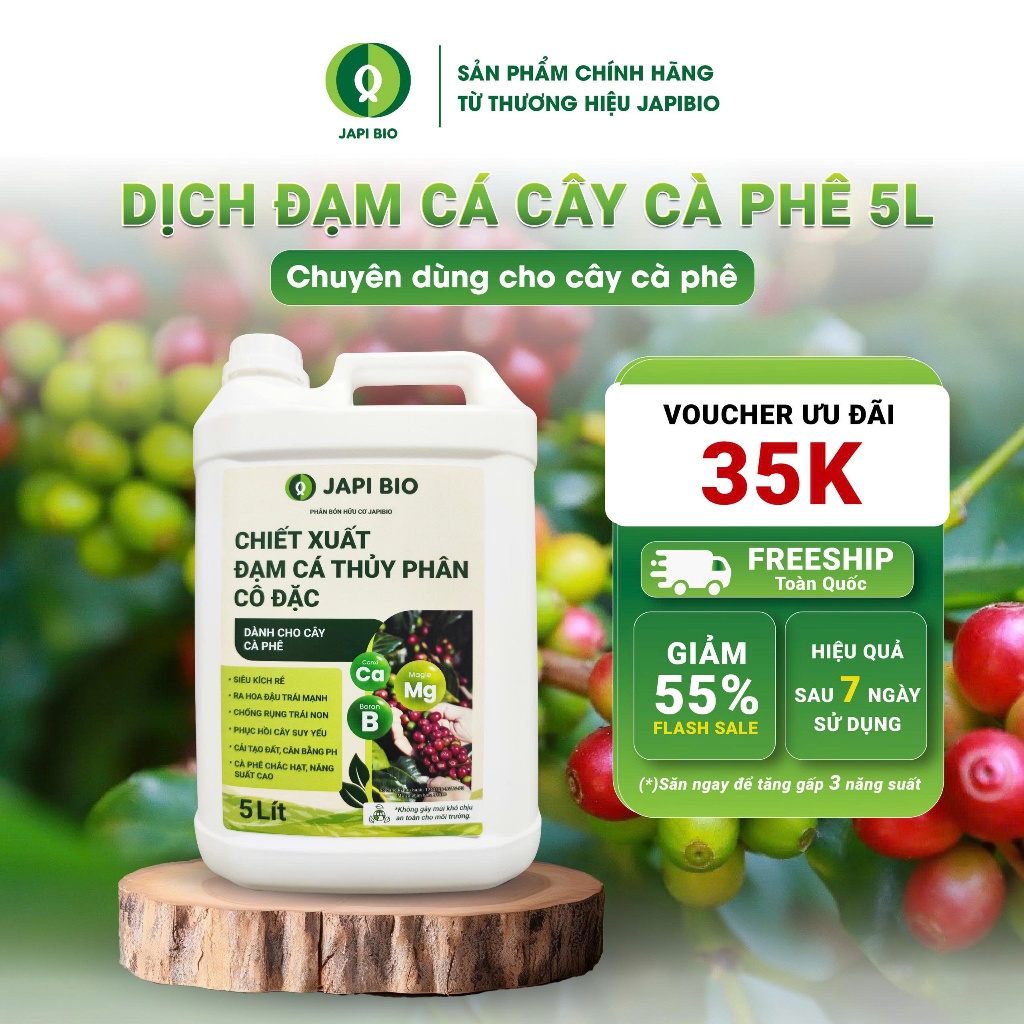 Đạm Cá Hữu Cơ JapiBio 5L Cho Cây Cà Phê – Kích Rễ – Bật Chồi – Ra Hoa Đồng Loạt – Hạt Chắc