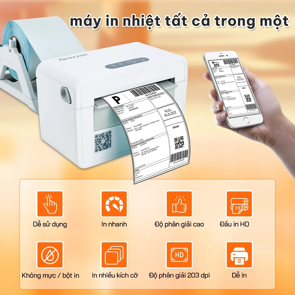 Máy In Nhiệt Vận Đơn 3 & 4 Inch | Máy In Mã Vạch | Máy In Nhãn Hóa Đơn USB + Bluetooth & i0S