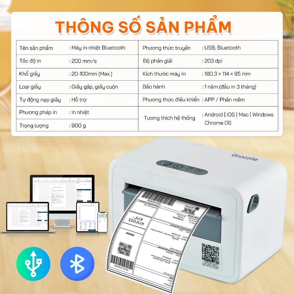 Máy In Nhiệt Vận Đơn 3 & 4 Inch | Máy In Mã Vạch | Máy In Nhãn Hóa Đơn USB + Bluetooth & i0S