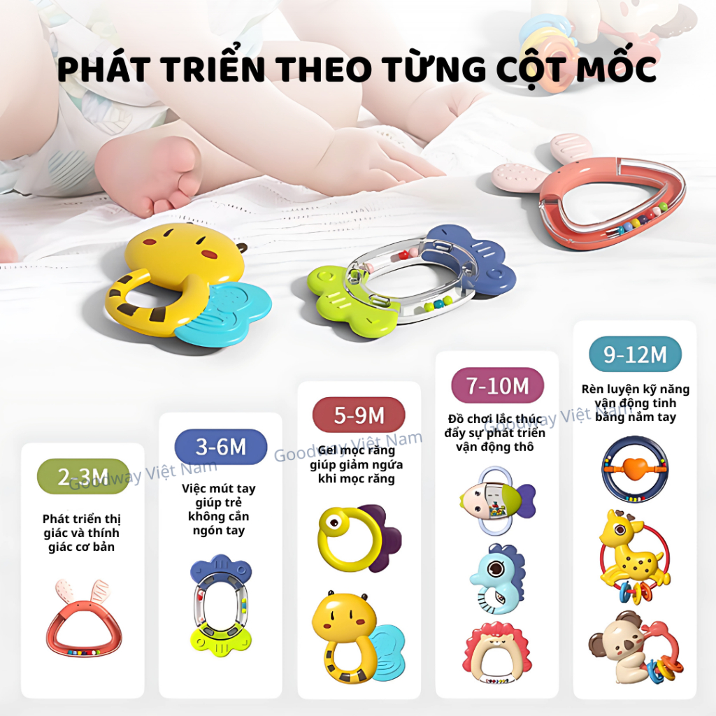 Đồ chơi bé sơ sinh bộ lục lạc gặm nướu 8 10 món Goodway Baby Rattle an toàn cho bé từ 2 tháng tuổi