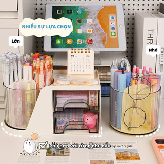 Hộp Đựng Bút Để Bàn Có Ngăn Kéo - Ống Bút Xoay 360, Kệ Đựng Mỹ Phẩm Mini, Phụ Kiện Trang Trí Bàn Học