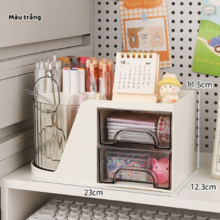 Hộp Đựng Bút Để Bàn Có Ngăn Kéo - Ống Bút Xoay 360, Kệ Đựng Mỹ Phẩm Mini, Phụ Kiện Trang Trí Bàn Học