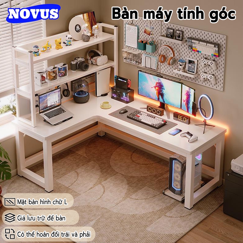 Bàn Game NOVUS L Cao Cấp - Mặt Vân Carbon, Giá Đỡ Đồ - Thiết Kế Góc Tối Ưu Không Gian