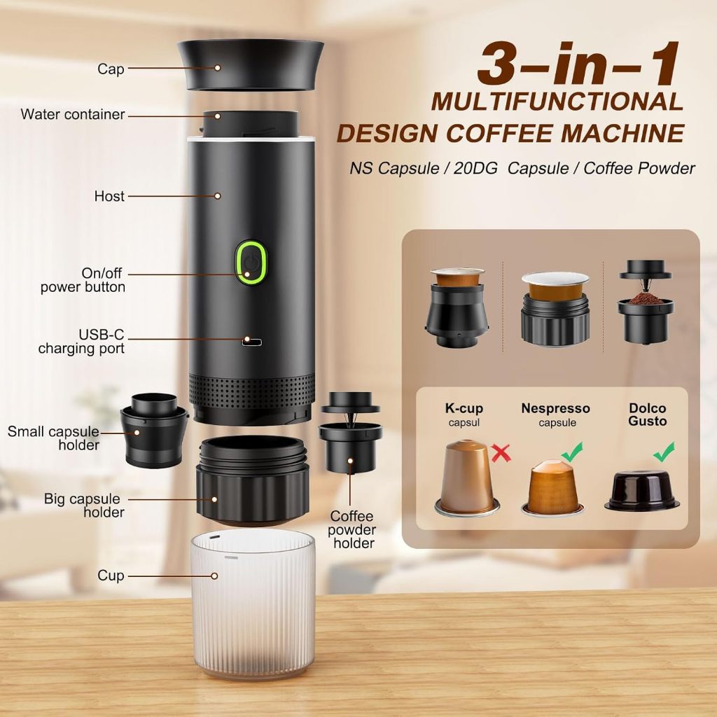 Máy Pha Cà Phê Espresso 20 Bar Không Dây 3 in 1 Tự Gia Nhiệt USB-C Tương Thích Nespresso Dolce Gusto