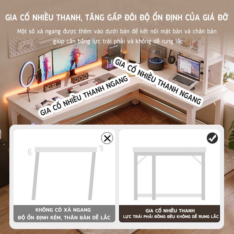 Bàn Game NOVUS L Cao Cấp - Mặt Vân Carbon, Giá Đỡ Đồ - Thiết Kế Góc Tối Ưu Không Gian