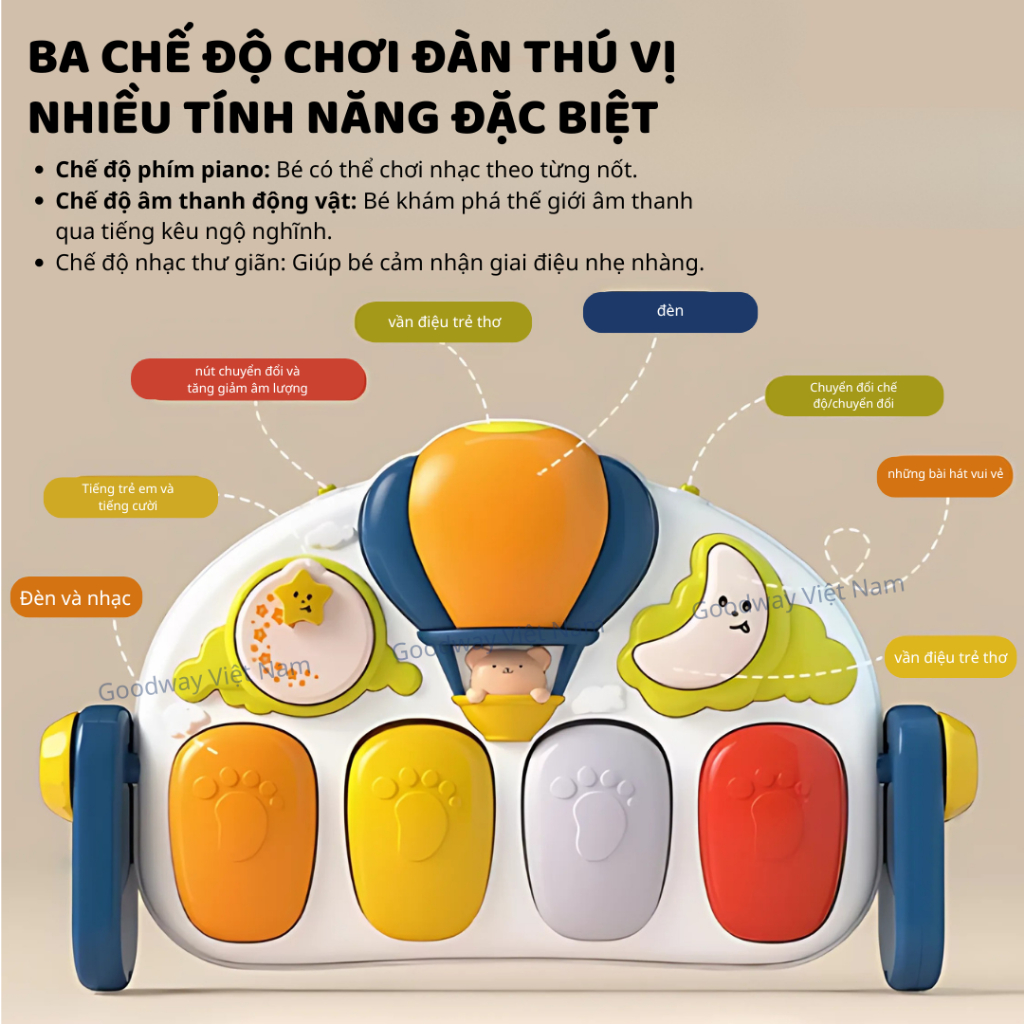 Thảm Piano Nằm Chơi Cho Bé Sơ Sinh Goodway Windmill Piano Gym Đồ Chơi Giác Quan Kèm Lục Lạc Treo