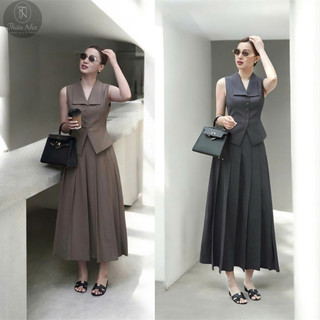 VT250510 Set Bộ Nữ Công Sở Không Tay Cổ Vest Thanh Lịch, Váy Dài Xếp Ly Cao Cấp, Thiết Kế Độc Quyền
