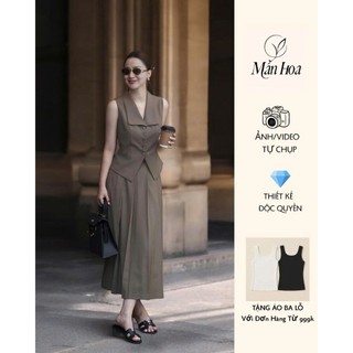 VT250510 Set Bộ Nữ Công Sở Không Tay Cổ Vest Thanh Lịch, Váy Dài Xếp Ly Cao Cấp, Thiết Kế Độc Quyền