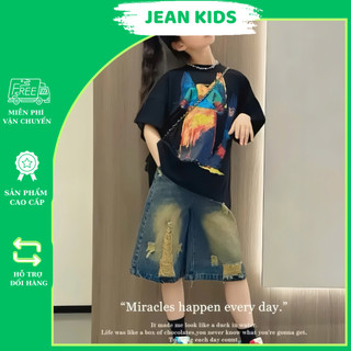 Set Bộ Quần Jean Ngố Rách Phối Áo Phông Cotton Mèo Đen Loang Cho Bé Gái Cá Tính
