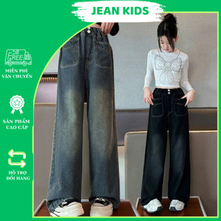 Quần Jean Suông Trơn 2 Màu Xanh - Đen Phối Túi Ngang Cho Bé Gái