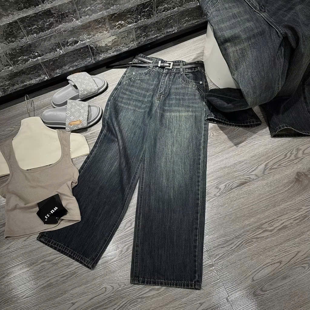 Quần Jeans Ống Rộng Thiết Kế Túi Kiểu Cạp Cao