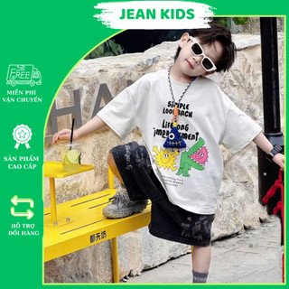 Bộ Jean Áo Cotton Hoạ Tiết Mát Nhẹ Mix Cùng Quần Jean Ngố Đen Mềm Cho Bé Trai