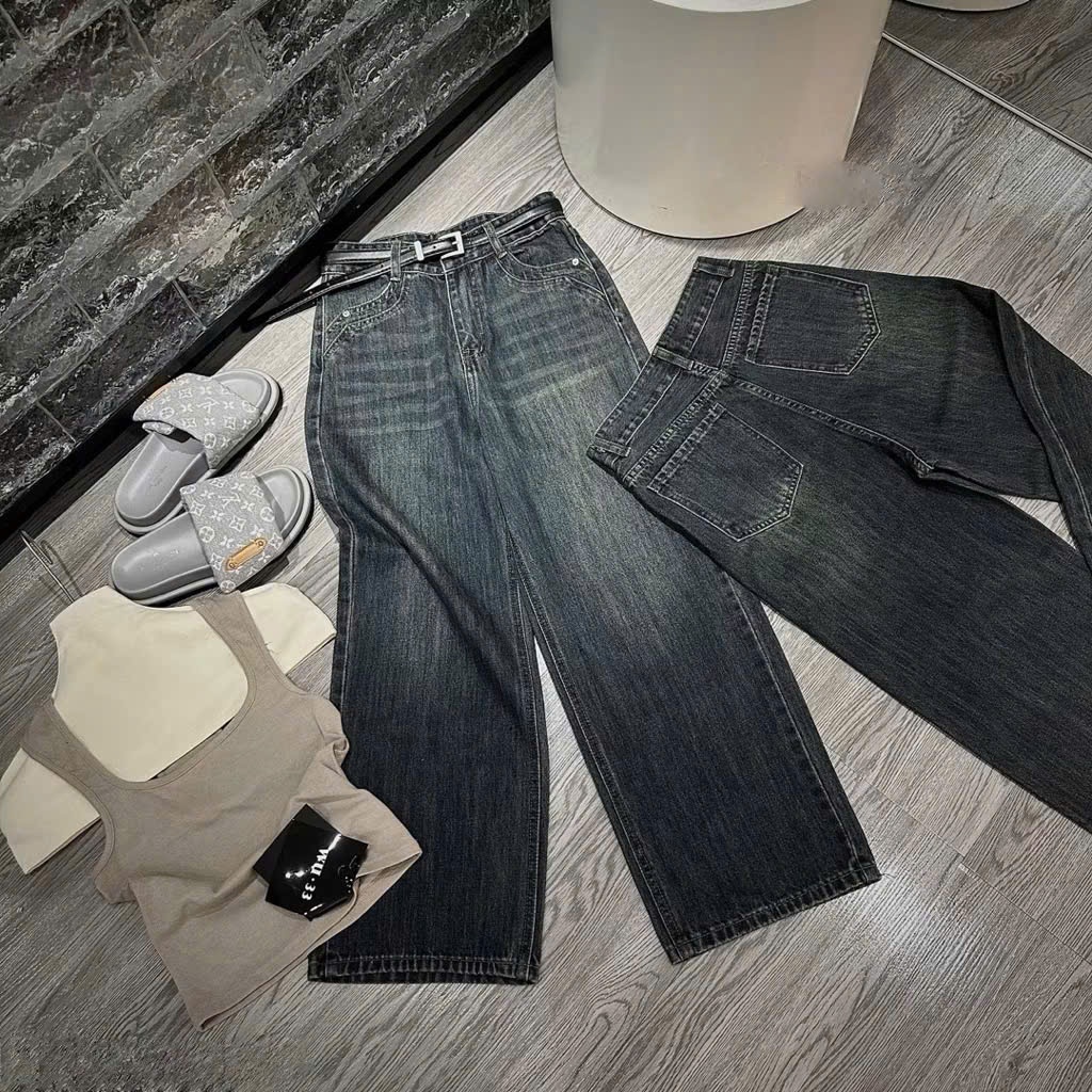Quần Jeans Ống Rộng Thiết Kế Túi Kiểu Cạp Cao