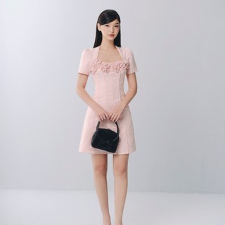 Đầm OLV chữ A cổ vuông đính hoa nữ tính màu sắc ngọt ngào Fuchsia phù hợp đi làm đi chơi