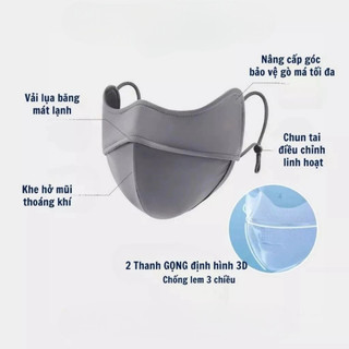 Khẩu Trang Lụa Mát 5D Lót Lông Cừu Khung Định Hình Chống UV UPF 50+, Chống Nắng, Giữ Ấm, Thoáng Khí