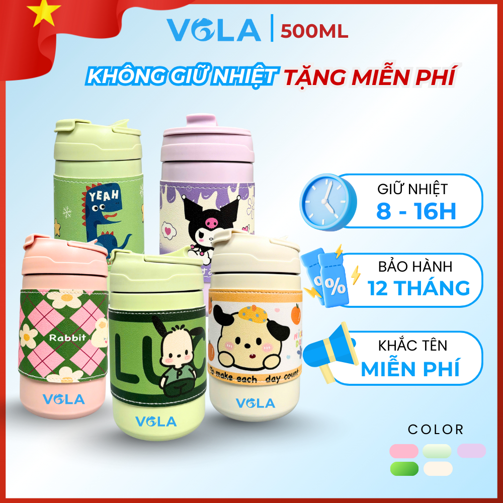 Bình Giữ Nhiệt VOLA 450ml Inox 304, Cốc giữ nhiệt hoạt hình có ống hút - Khắc tên theo yêu cầu