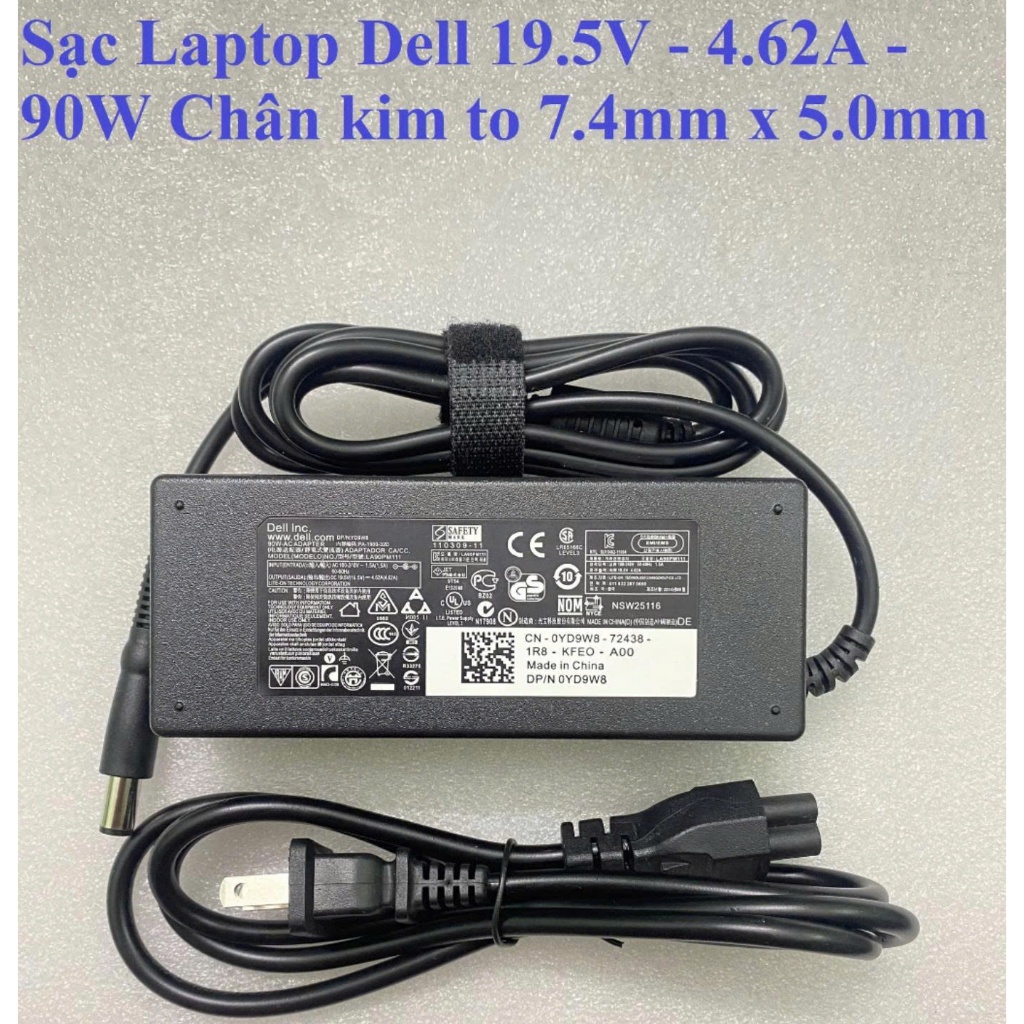 Sạc Laptop Dell 19.5V - 4.62A - 90W Chân kim to 7.4mm x 5.0mm BH 12 Tháng