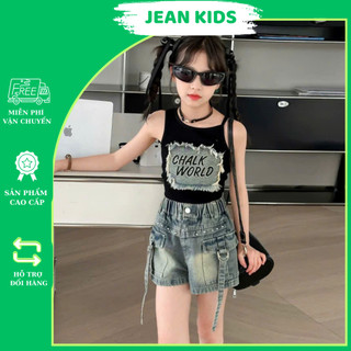 Set Đồ Bé Gái Cá Tính 15–38kg -  Áo Tank Top & Quần Jean Short Phong Cách Năng Động