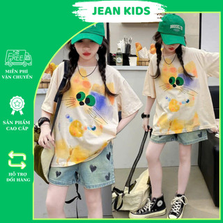 Set Bộ Quần Short Jean Mix Áo Phông Mèo Siêu Xinh Cho Bé Gái