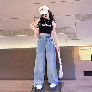 Quần Jean Dài Dáng Xuông Đính Đá Phong Cách Cá Tính Cho Bé Gái Size Từ 18-45kg