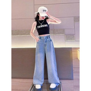 Quần Jean Dài Dáng Xuông Đính Đá Phong Cách Cá Tính Cho Bé Gái Size Từ 18-45kg