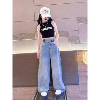 Quần Jean Dài Dáng Xuông Đính Đá Phong Cách Cá Tính Cho Bé Gái Size Từ 18-45kg