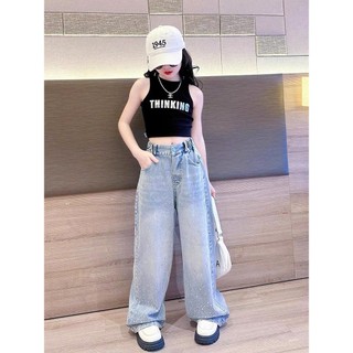 Quần Jean Dài Dáng Xuông Đính Đá Phong Cách Cá Tính Cho Bé Gái Size Từ 18-45kg