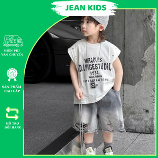 Bộ Đồ Hè Cho Bé Trai : Áo Tank Top Cotton Trắng Mix Quần Jean Ngố Mềm