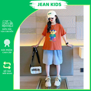 Set Jean Gấu Bé Gái 22–45kg _ Áo Cotton In Hoạ Tiết Gấu & Quần Jean Ngố Rộng Cực Cool