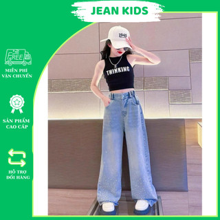 Quần Jean Dài Dáng Xuông Đính Đá Phong Cách Cá Tính Cho Bé Gái Size Từ 18-45kg