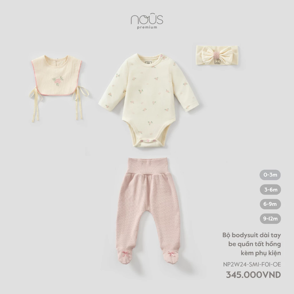 Nous Baby Set mix phụ kiện Bộ bodysuit dài kèm quần, yếm và băng đô họa tiết xinh xắn cho bé gái dưới 10.5kg BST T8
