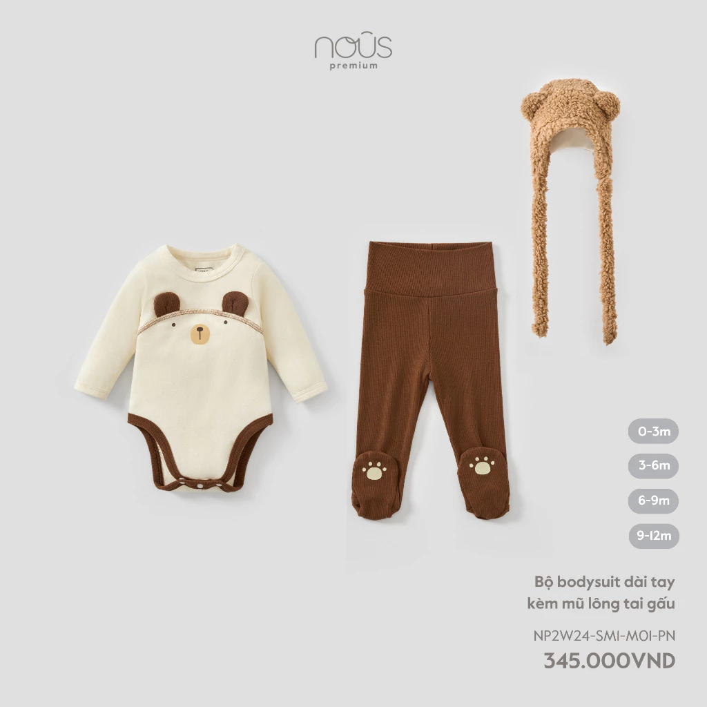 Nous Baby Bộ bodysuit kèm quần tất, mũ lông cho bé trai bé gái phối màu mềm ấm cho bé dưới 10.5kg BST T8