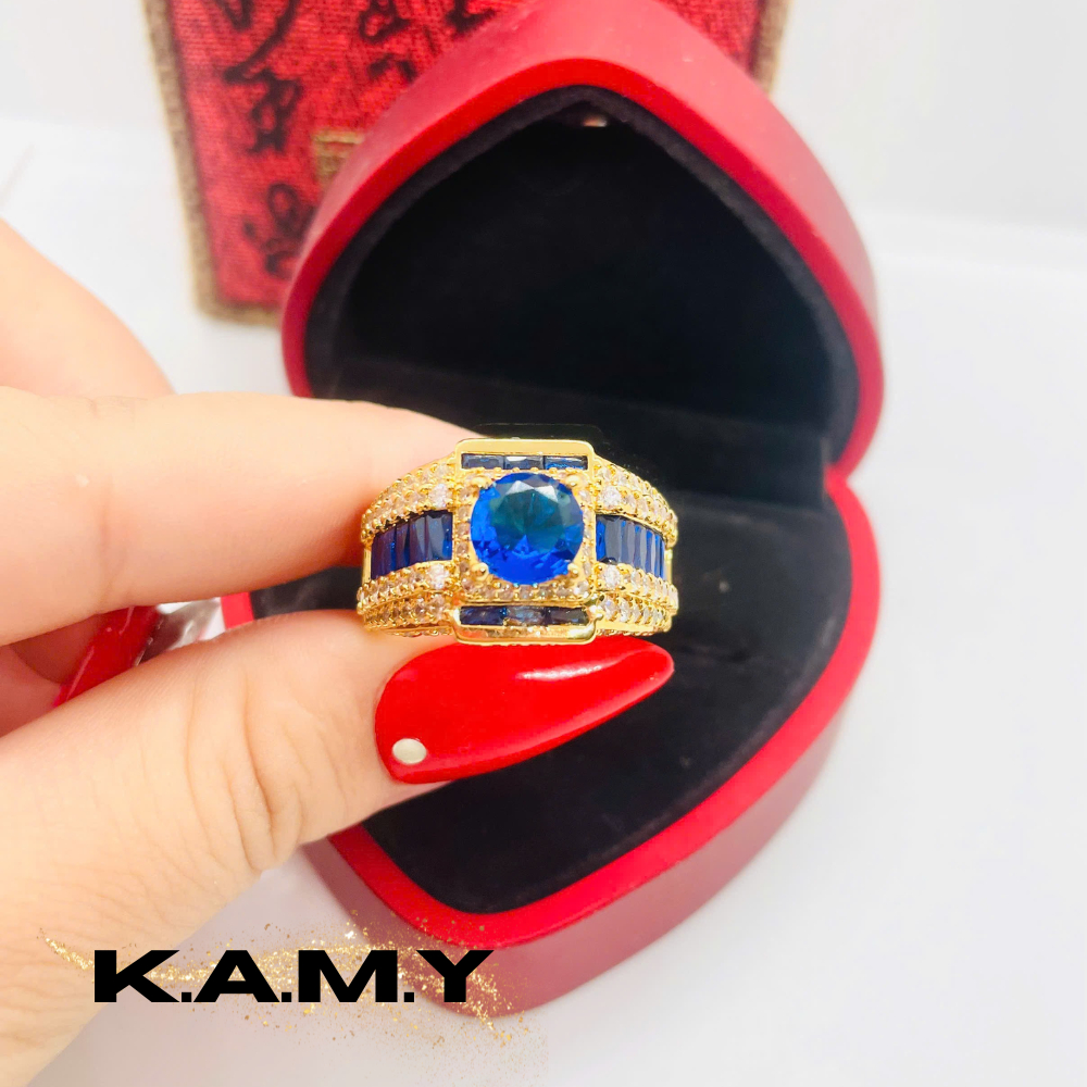 Nhẫn Nam Nữ Đính Đá Xanh Sapphire Sang Trọng Mạ Vàng 24K– Thiết Kế Bản To, Đính Đá CZ Lấp Lánh