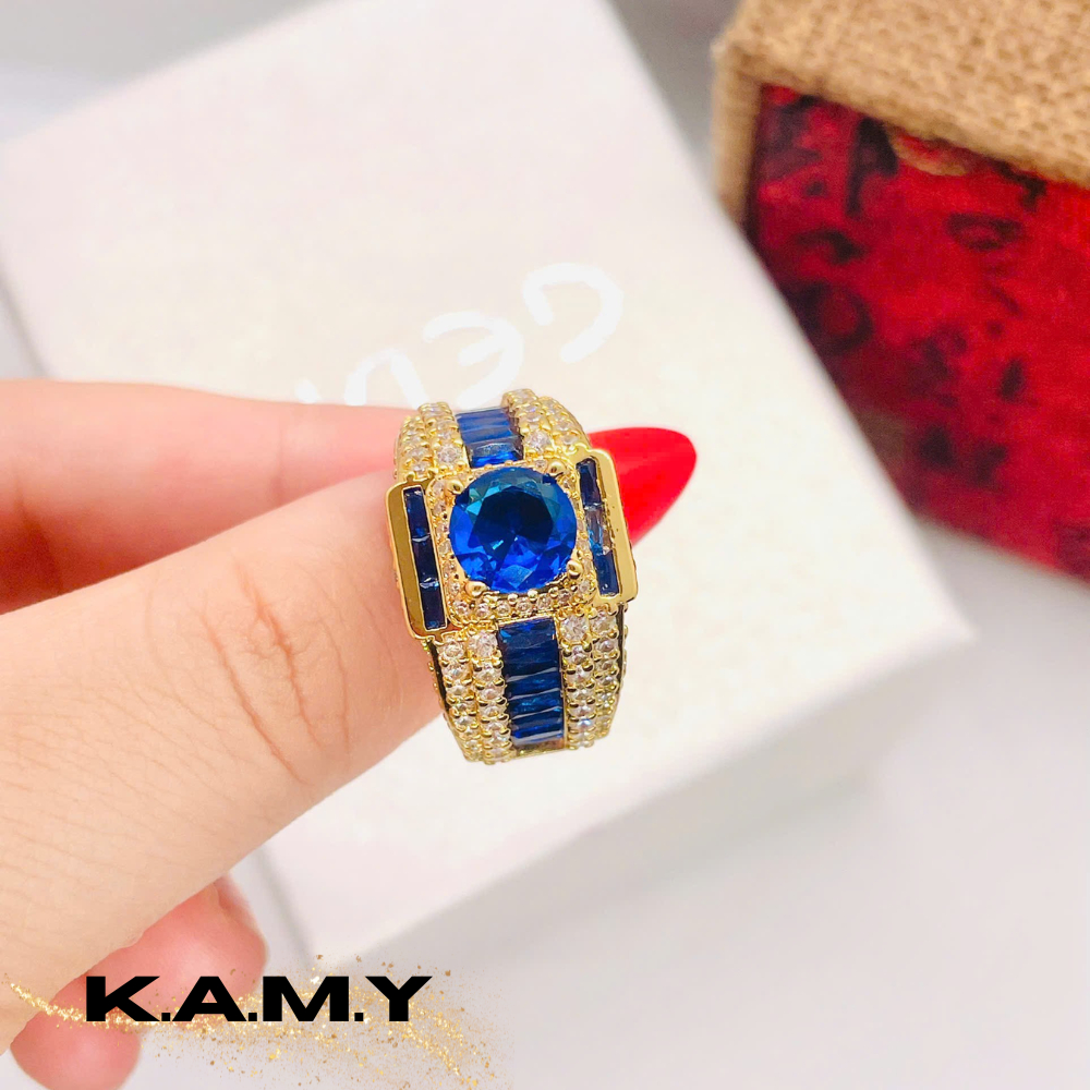 Nhẫn Nam Nữ Đính Đá Xanh Sapphire Sang Trọng Mạ Vàng 24K– Thiết Kế Bản To, Đính Đá CZ Lấp Lánh