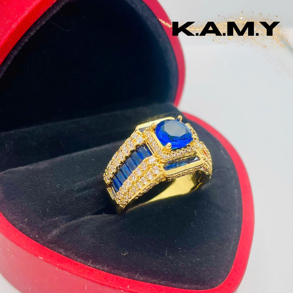 Nhẫn Nam Nữ Đính Đá Xanh Sapphire Sang Trọng Mạ Vàng 24K– Thiết Kế Bản To, Đính Đá CZ Lấp Lánh