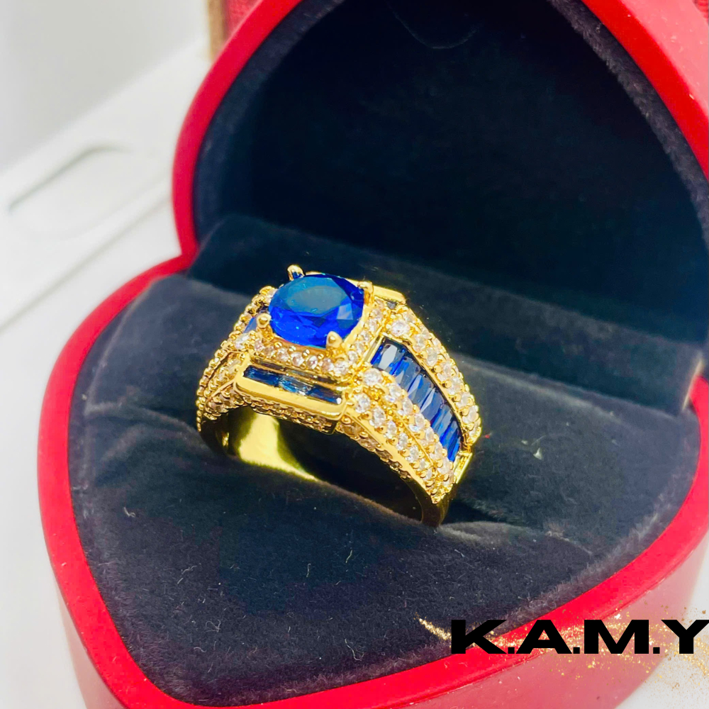 Nhẫn Nam Nữ Đính Đá Xanh Sapphire Sang Trọng Mạ Vàng 24K– Thiết Kế Bản To, Đính Đá CZ Lấp Lánh