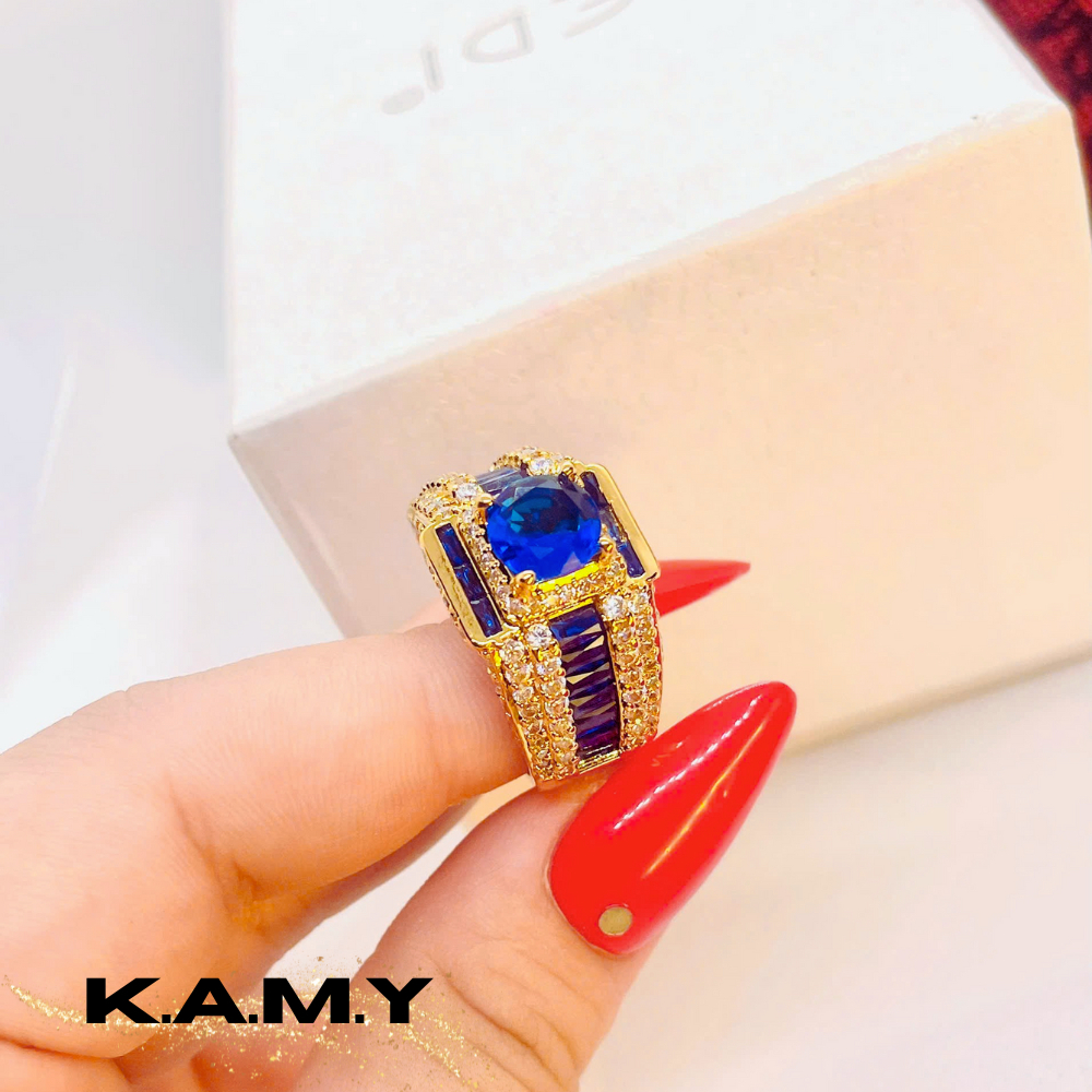 Nhẫn Nam Nữ Đính Đá Xanh Sapphire Sang Trọng Mạ Vàng 24K– Thiết Kế Bản To, Đính Đá CZ Lấp Lánh