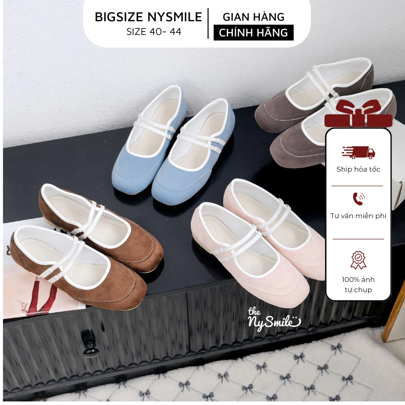 Giày nữ BIG SIZE ( 35 - 42 ) Giày Búp Bê 2 Quai 3P , giày búp bê phối nhung mịn dễ thương - THENYSMILE - MARA