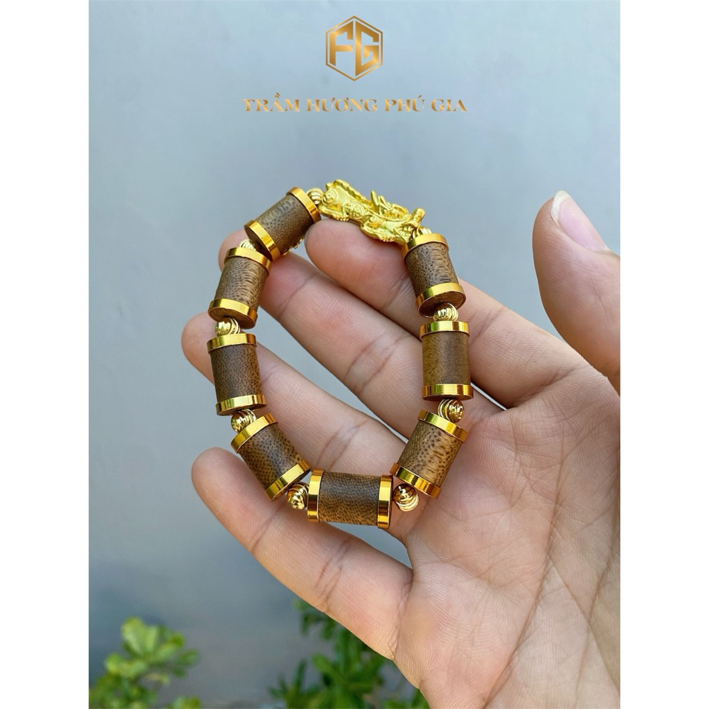Vòng tay trầm hương đốt trúc bọc khoen xi mix tỳ hưu trầm tốc vườn