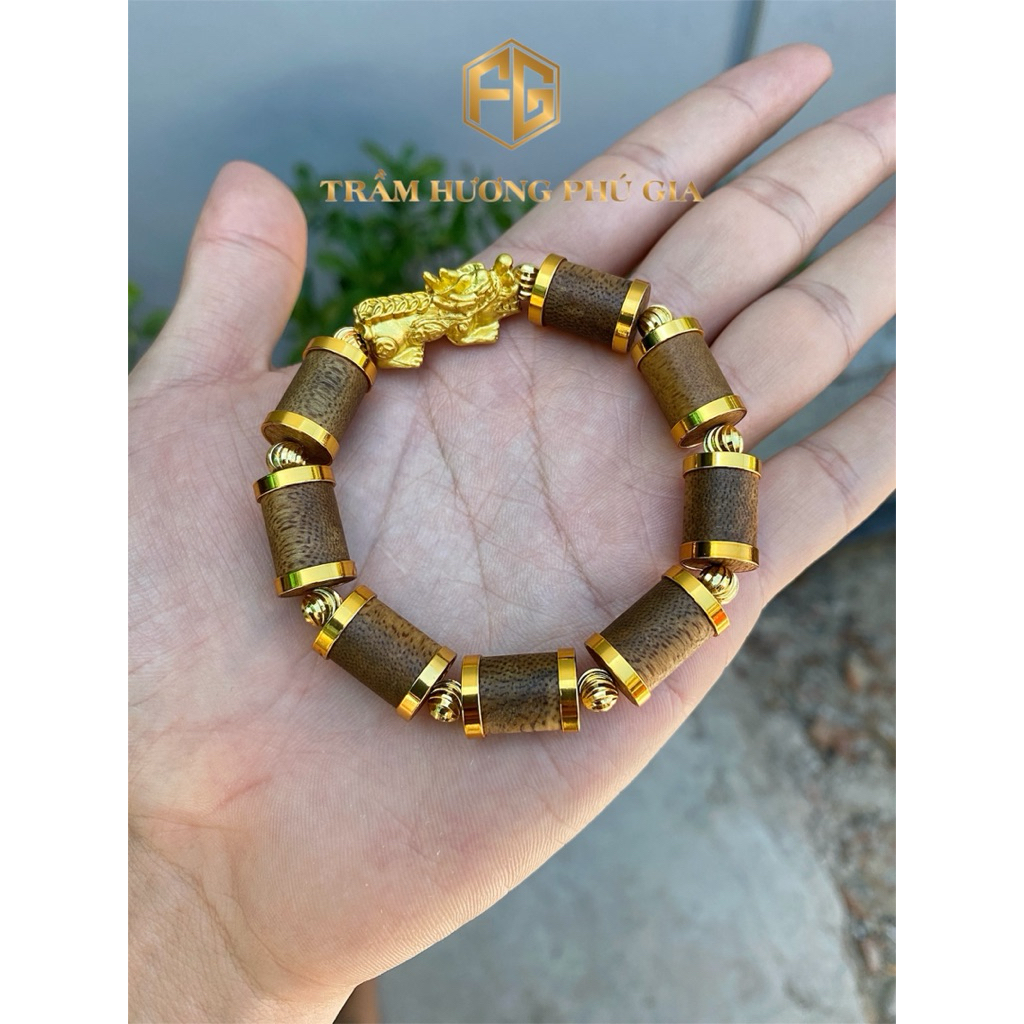 Vòng tay trầm hương đốt trúc bọc khoen xi mix tỳ hưu trầm tốc vườn