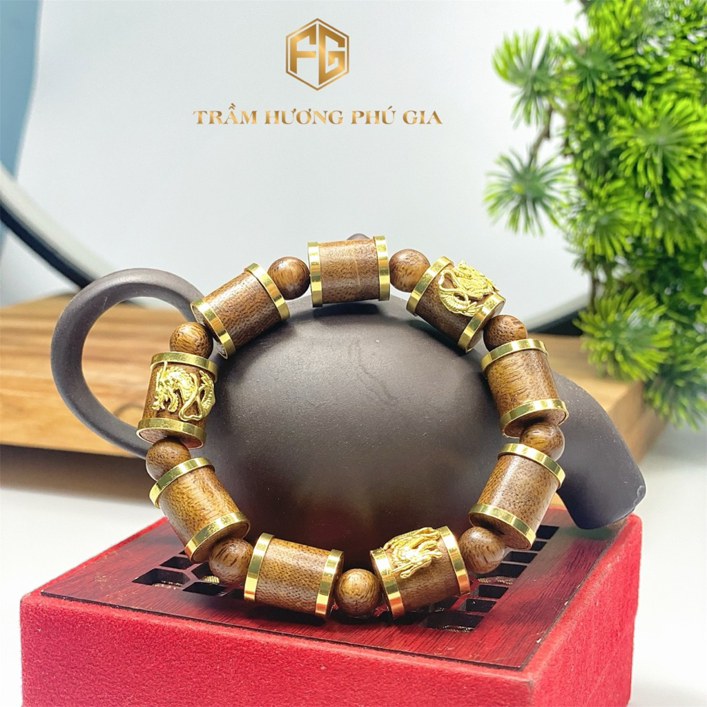 Vòng trầm hương tam Long mạ vàng đeo thời trang phong thuỷ tài lộc